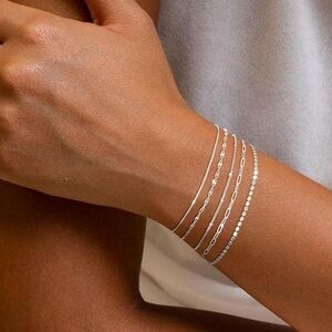 Silver Bracelet Set - Dainty 14K Silver Bracelets, Waterproof, Trendy Minimalist